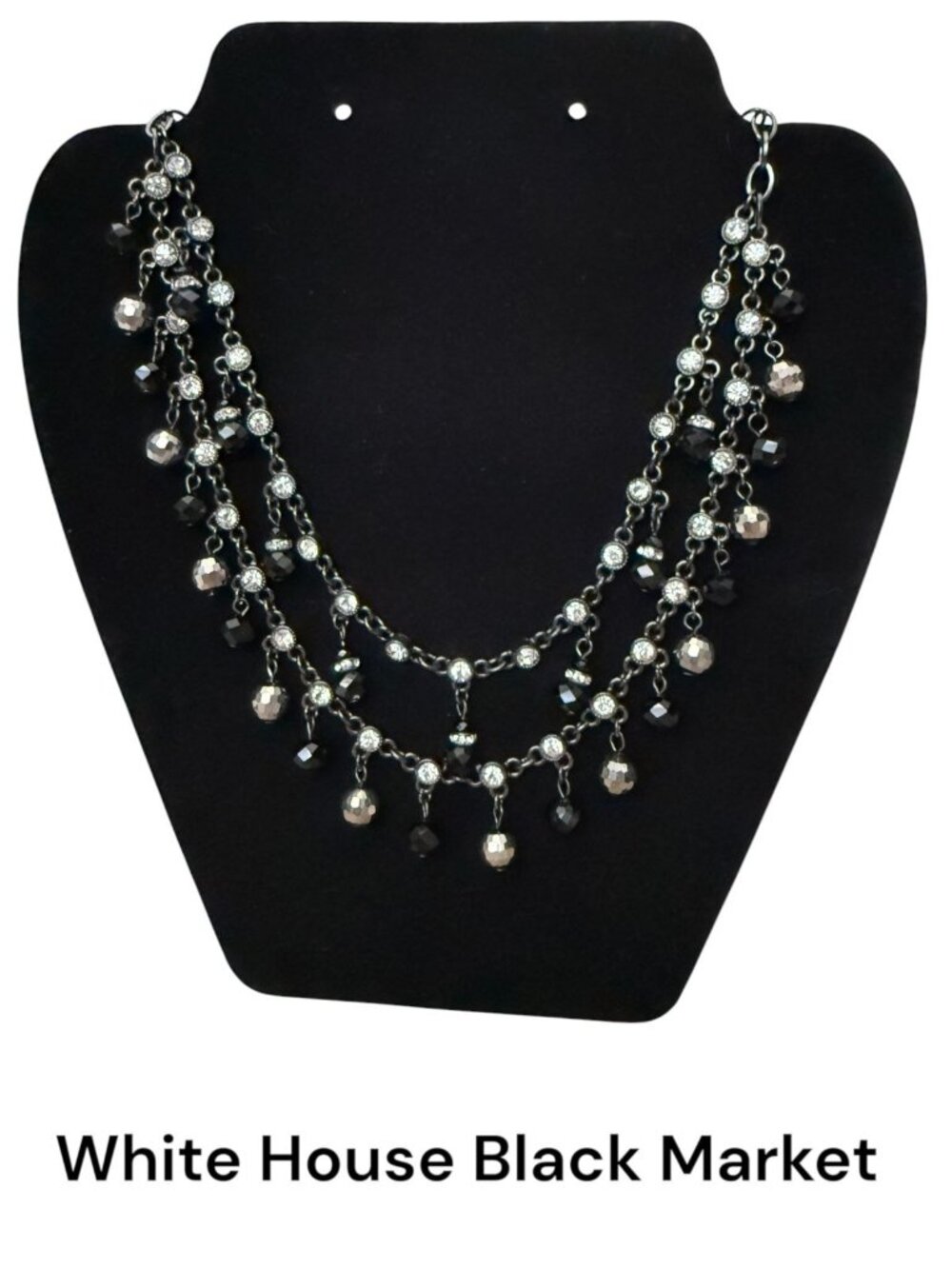 White House Black Market Layered Black Beaded Necklace Rhinestones Adjustable
